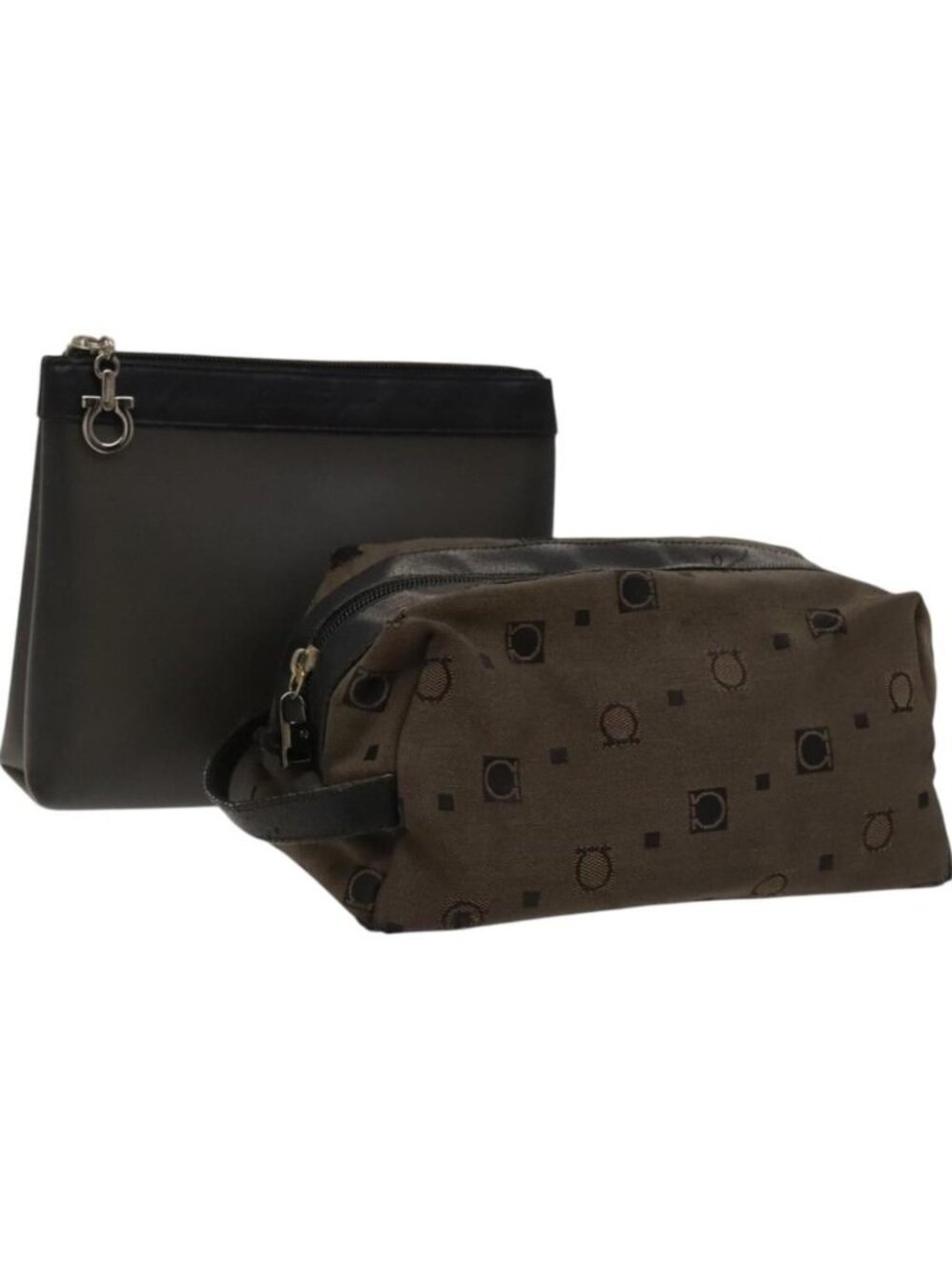 Salvatore Ferragamo Gancini Pouch Leather Canvas 2 Set Brown Black